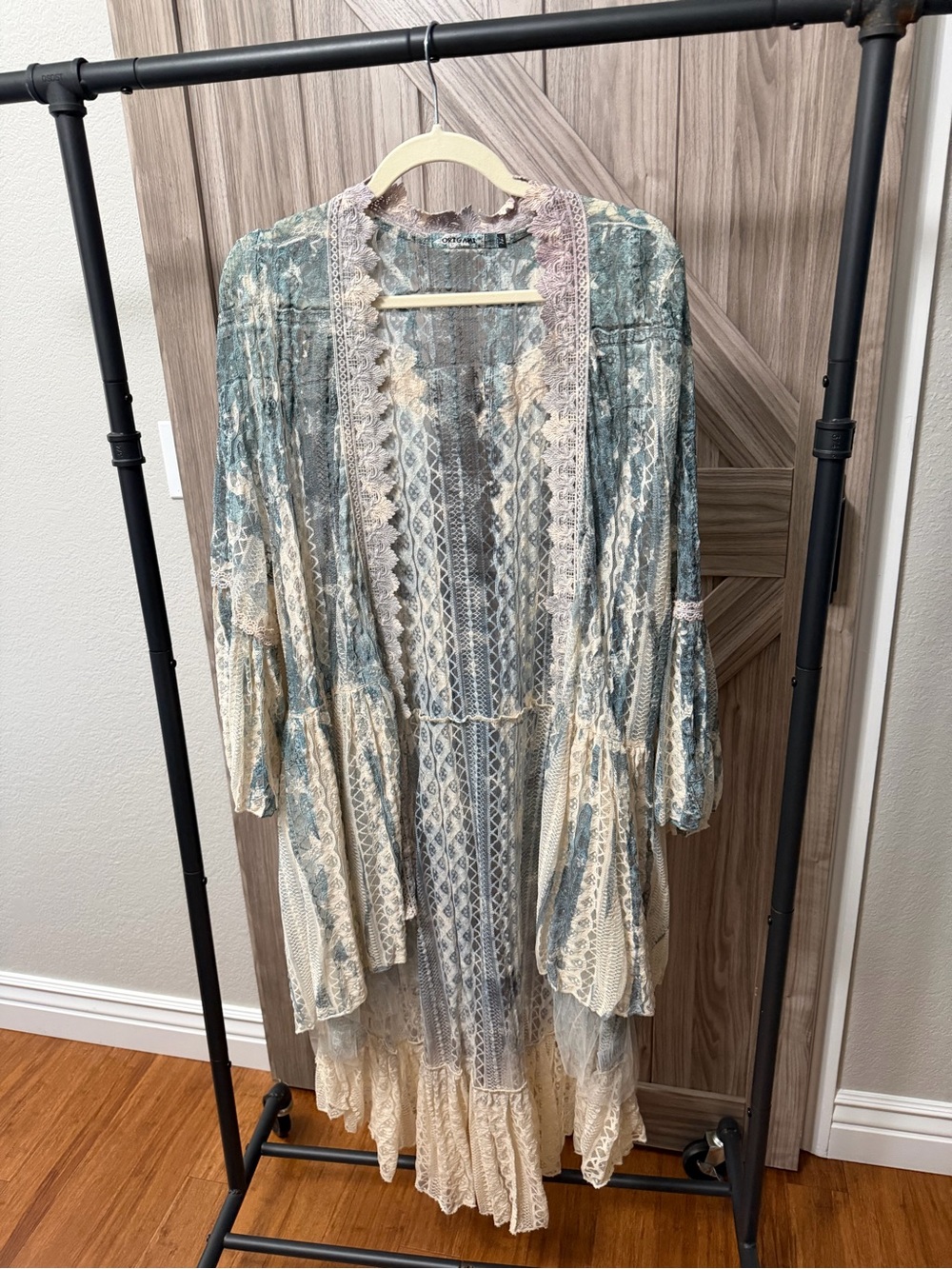 Origami Lace Duster Kimono Blue Cream Boho Size XL like new without tag